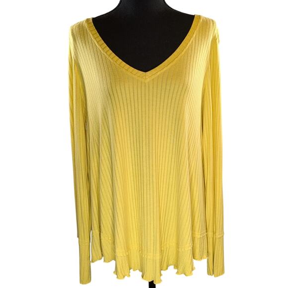 Jane & Delancey Yellow Ribbed V Neck Lettuce Hem Flowy Top Women M Casual - Picture 2 of 14